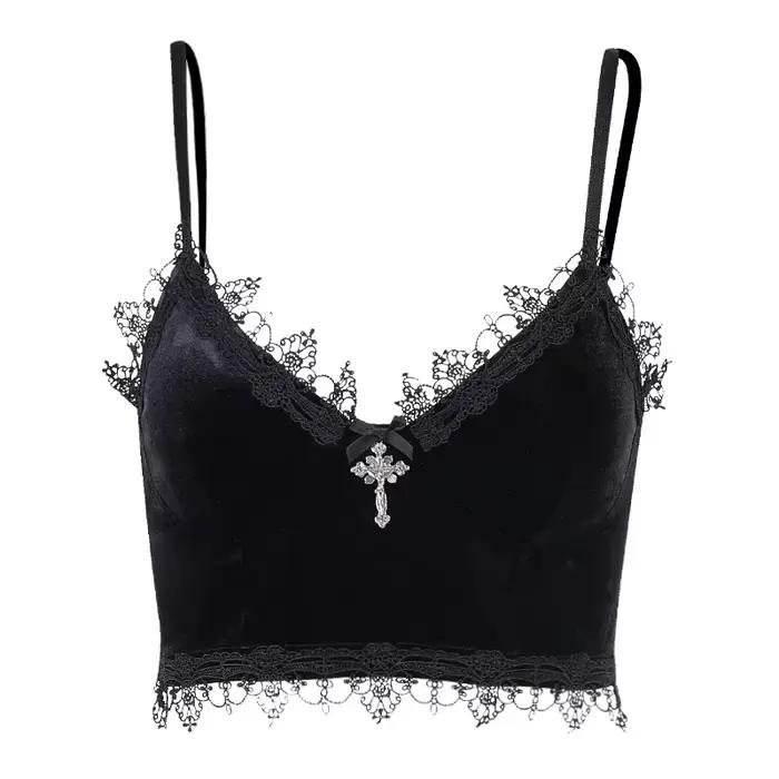 Débardeur en Velours Y2K avec Garniture en Dentelle Noire pour Femme