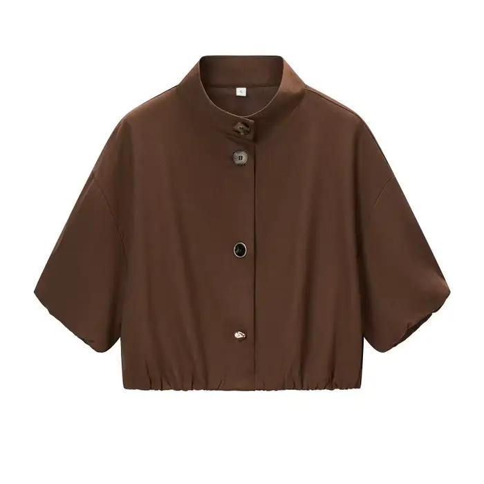 Chemisier CharmChant pour femme en mélange de lin marron, style Y2K, manches courtes, ourlet élastique, coupe courte, boutonné, décontracté, pour le bureau et les soirées estivales