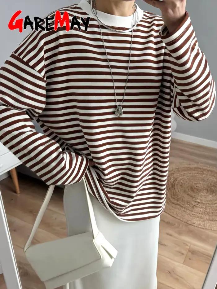 T-shirt rayé en coton pour femme, style décontracté et vintage, printemps été, col rond, légèrement extensible, coupe lâche, pour occasions informelles