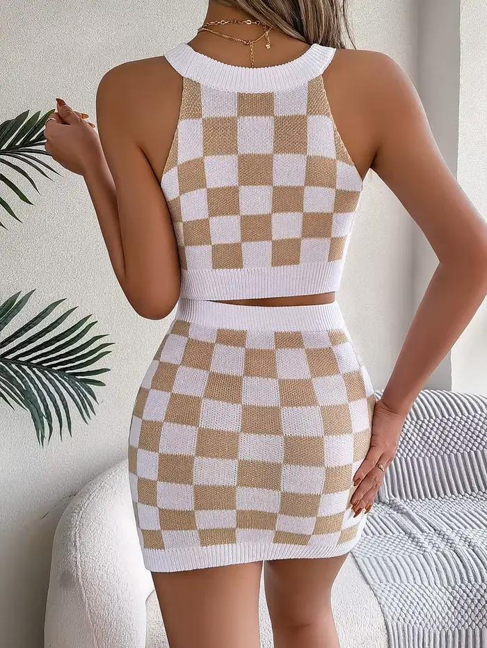 Wmstar été femmes deux pièces ensemble contraste Plaid sans manches Sexy nombril haut hanche jupe tricoté Stretch