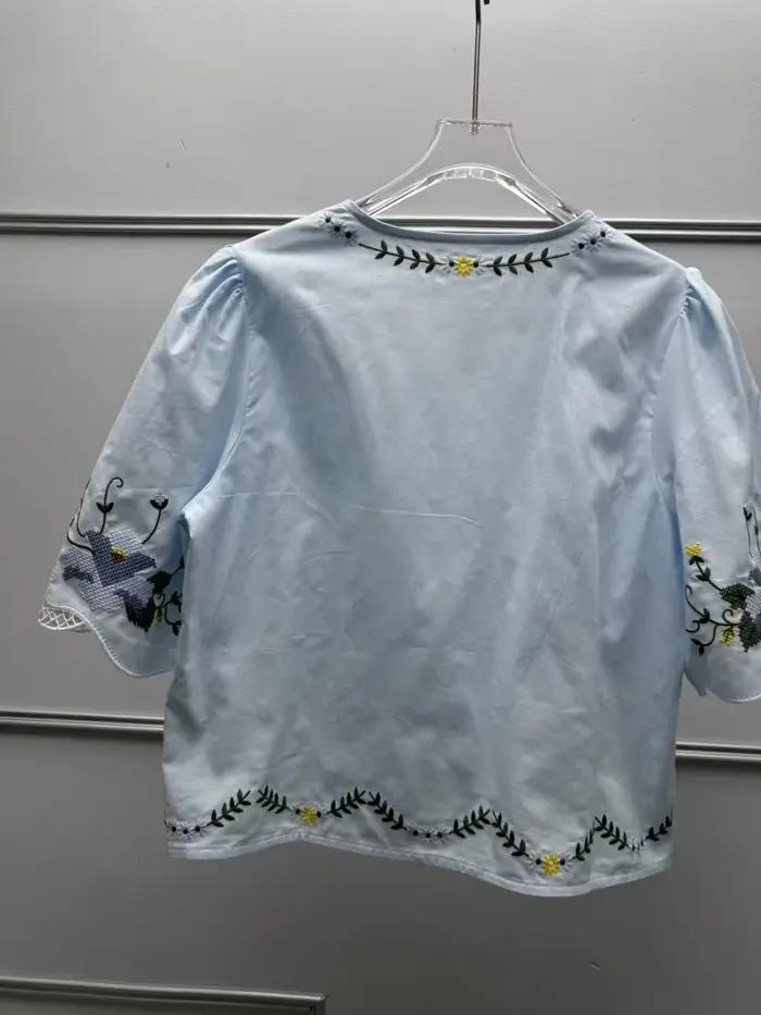 Chemisier Femme Bleu Brodé de Fleurs