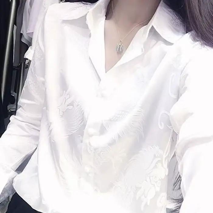 Bureau dame mode Jacquard tissage Blouse Vintage été nouvelle couleur unie femme tout-match col Polo décontracté simple boutonnage chemise