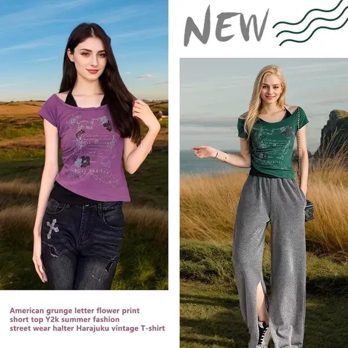 T-shirts Vintage américains rétro Grunge lettre fleur imprimé hauts courts pour femmes occasions spéciales été 2024