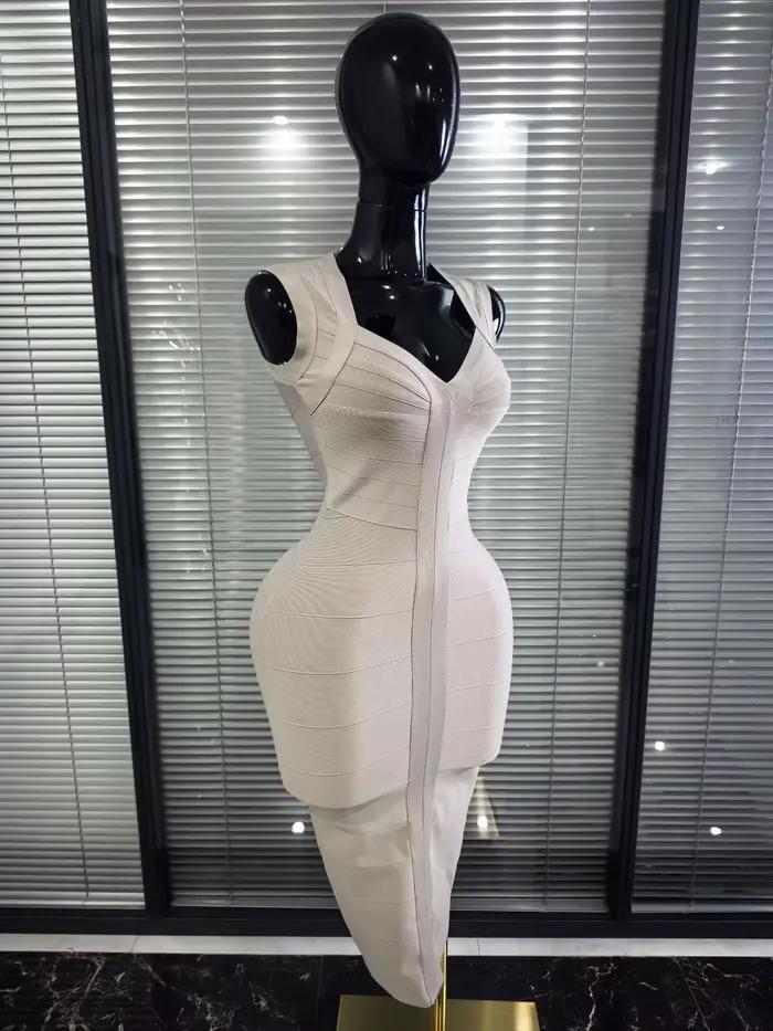 Robe moulante mi-longue sexy sans manches à col en V couleur kaki pour femme