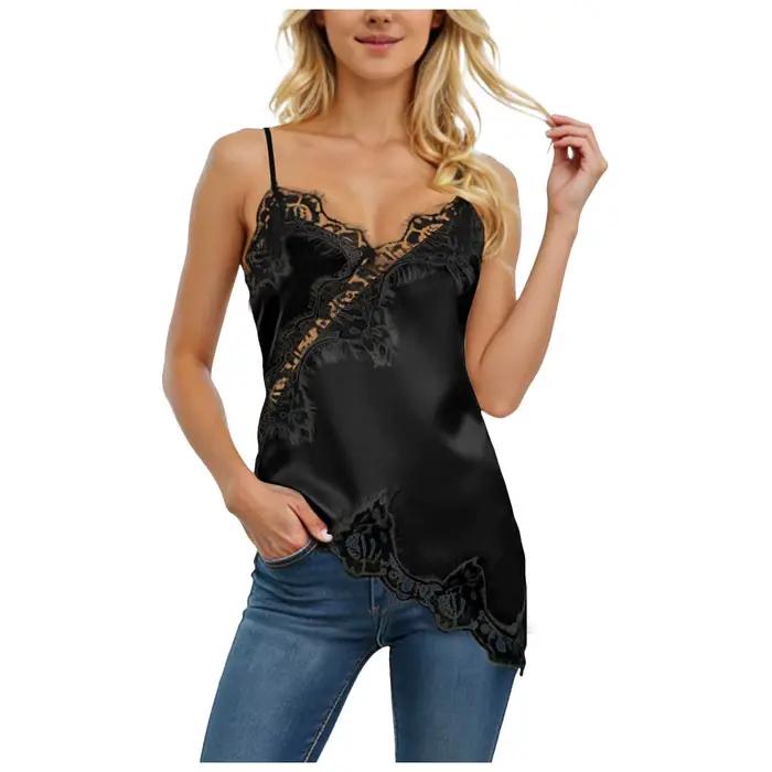 Haut en polyester soyeux avec détails en dentelle et ourlet asymétrique pour femmes, débardeurs de lingerie pour soirées et festivals
