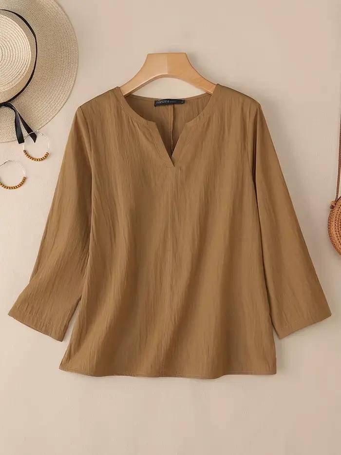 2025 ZANZEA automne Blouse femmes col en V à manches longues hauts décontracté solide chemise ample femme OL travail Blouses rétro tunique Blusas Mujer