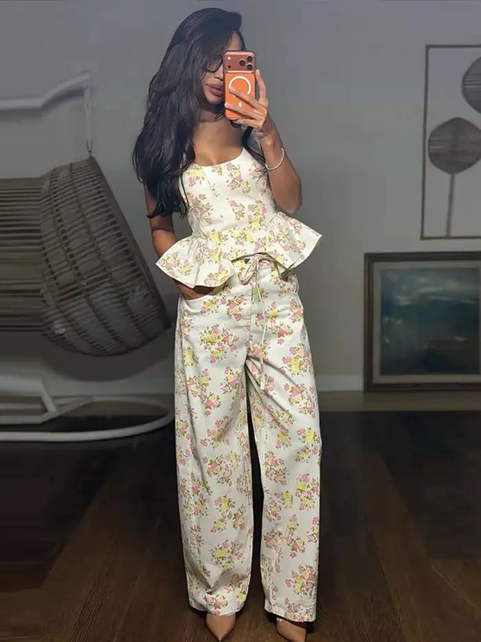 Ensemble de pantalon pour femmes imprimé floral décontracté printemps été occassions spéciales
