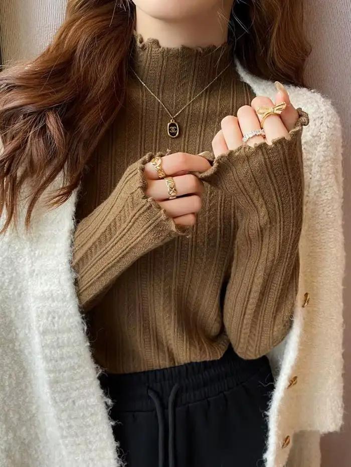 Pull à col roulé plissé en polyester et coton pour femme, décontracté et élégant, adapté aux journées d'automne et d'hiver, idéal pour les sorties et les journées de travail