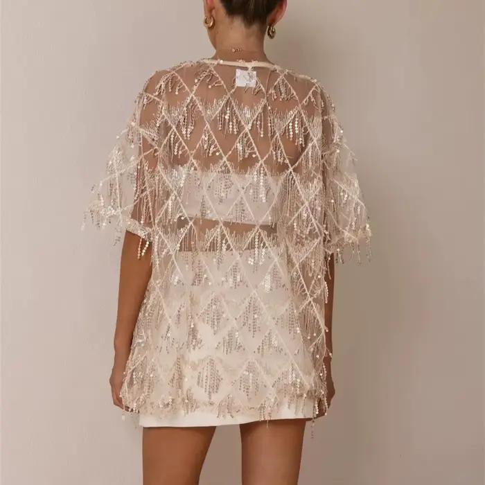 Tunique en maille transparente à paillettes et franges pour femmes style Y2K broderie pampilles scintillantes soirée club streetwear été