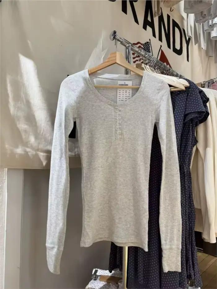 Gris gaufre 7 boutons à manches longues T-shirts femmes automne coton