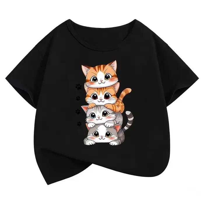 T-shirt en coton pour filles avec motif chaton superposé