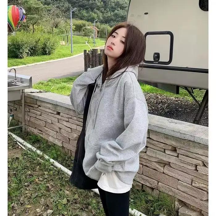 Sweat-shirt à capuche gris pour femme cardigan en polaire épaisse style décontracté couleur unie coupe ample pull-over printemps automne confortable polyvalent occassions spéciales