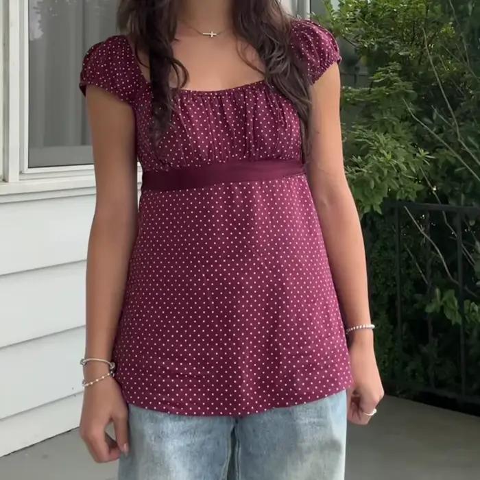 Femmes les plus mignonnes nuisette culture hauts adolescente col carré à manches courtes milkmaid t-shirts Preppy Vintage Y2K esthétique cravate T-shirt