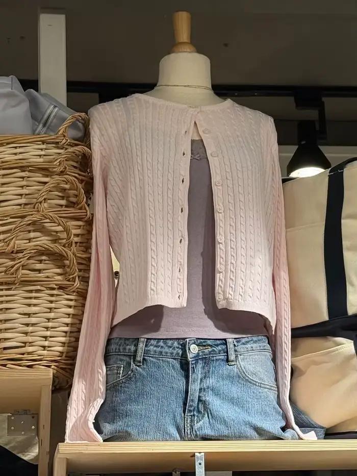 Twist fleur bébé rose pull Cardigan femme automne col rond simple boutonnage à manches longues haut court coton doux mignon tricots hauts