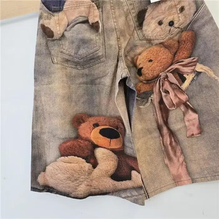 Shorts en jean baggy pour femme, style vintage délavé, imprimé ours en peluche, coupe large, mi-longueur, décontracté, streetwear, occassions spéciales et quotidiennes