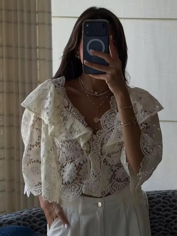 TFMLN Blouse en dentelle française pour femme