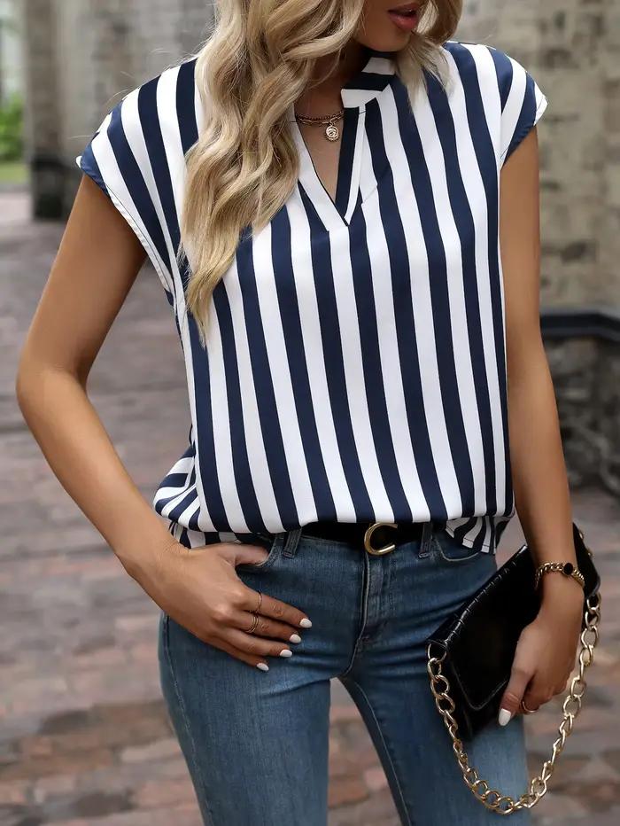 Chemise pour femme Printemps Été Bleu marine Blanc Rayures verticales Col en V Manches courtes Élégant Chic Haut décontracté quotidien