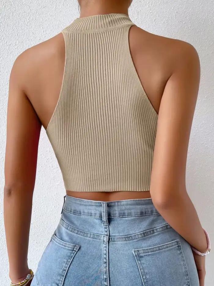 Haut en tricot sans manches pour femmes style Y2K ajusté col roulé polyester elasthanne couleur kaki occasion estivale mode décontracté