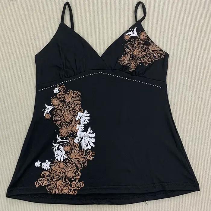 Camisole esthétique vintage à imprimé floral avec strass décoratifs