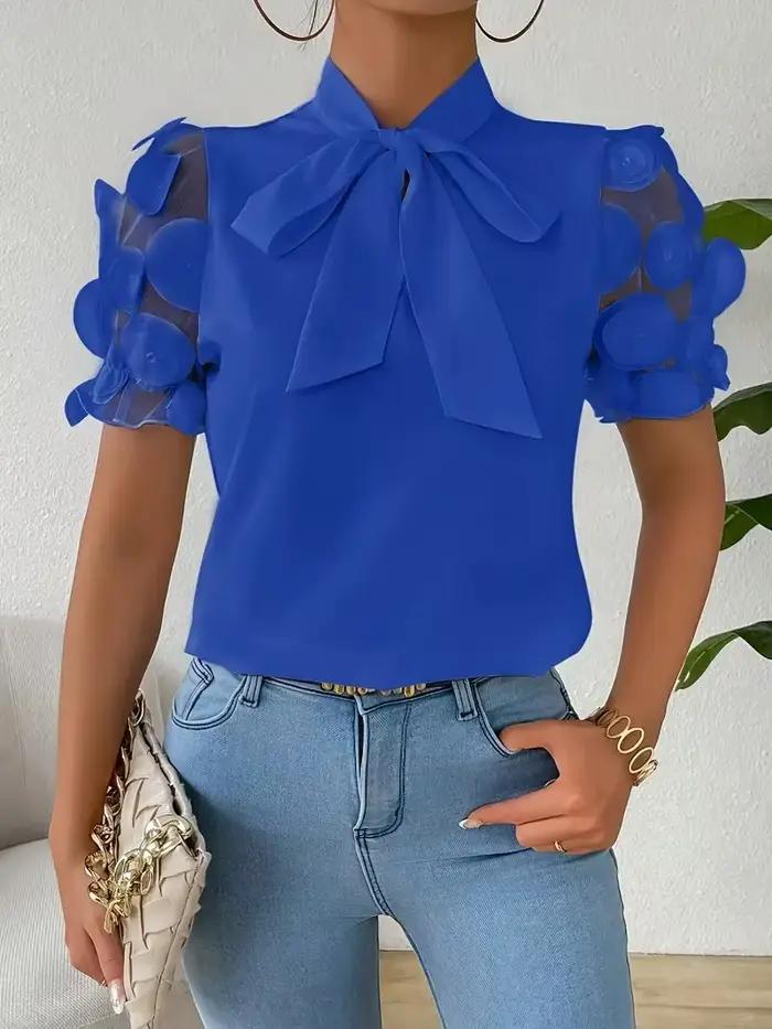 Chemisiers pour femmes à la mode col rond maille Patchwork chemisier à manches courtes avec cravate au cou
