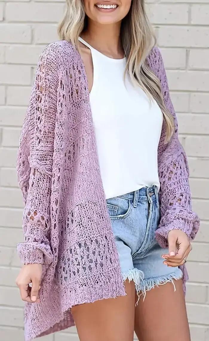 Cardigan Crochet Femme Manches Longues Coupe Ample Décontracté Automne Hiver Occasions Spéciales