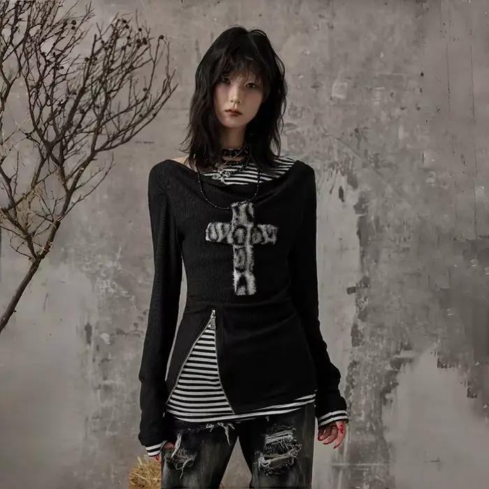 Karrcat Grunge esthétique faux deux pièces hauts Trashy Y2k à manches longues tricoté