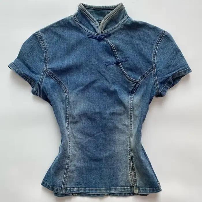 Y2K Vintage esthétique femmes Cheongsam haut Sexy mignon coupe ajustée Chic Denim