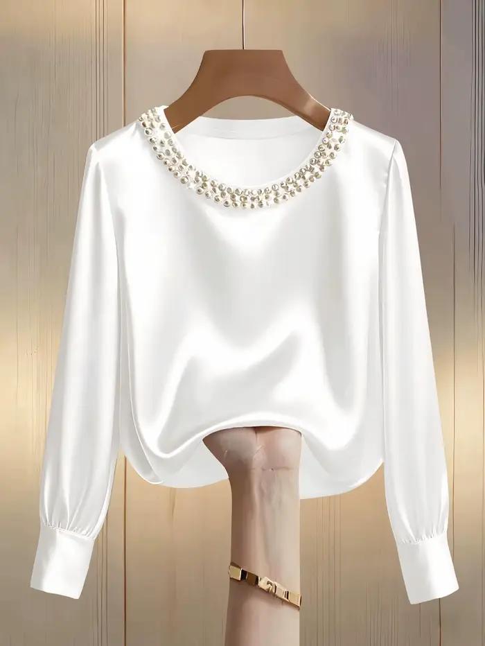 Chemise en satin à col rond perlé haut de gamme française pour le printemps et l'été