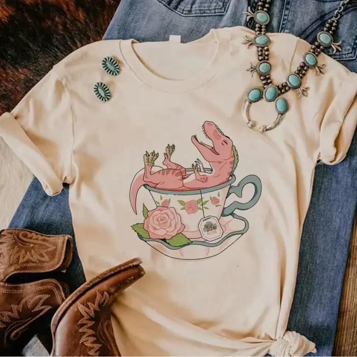 T-shirt dinosaure pour femmes junior style décontracté motif dessin animé pour toutes les occasions