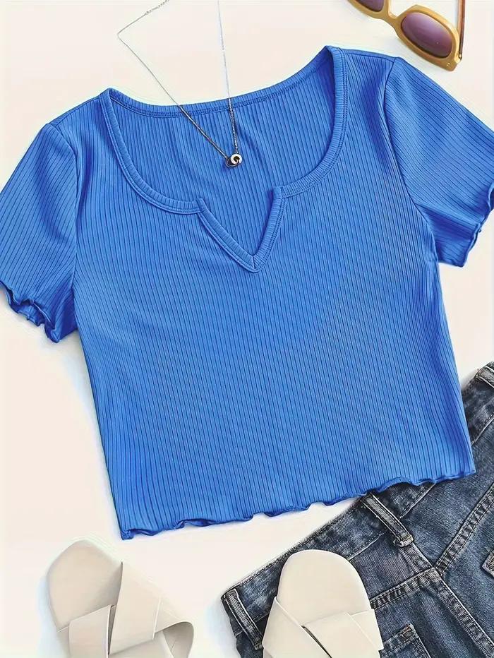 T-shirt court à manches courtes et col cranté pour femme
