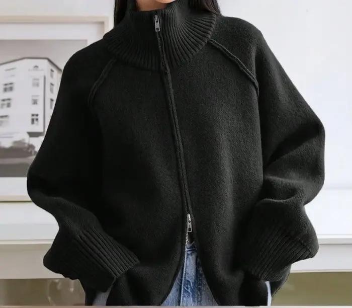 Cardigan en maille polyesters zippé pour femme, col montant, coupe ample, style décontracté, pour automne-hiver occasions spéciales
