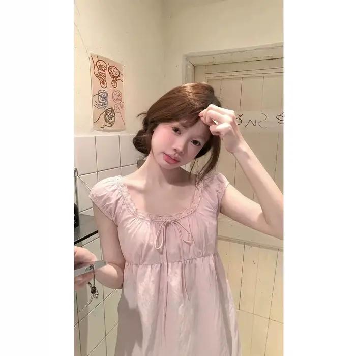 Haut d'été ample rose pour femme à col carré en dentelle à volants