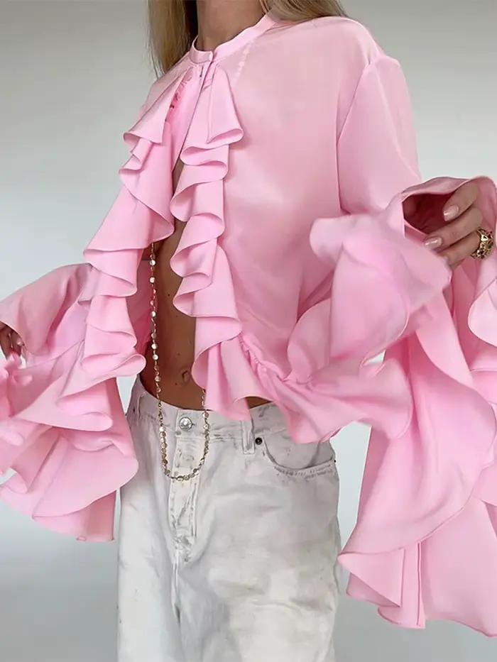 Chemisier en mousseline transparente à volants pour femme WXOY