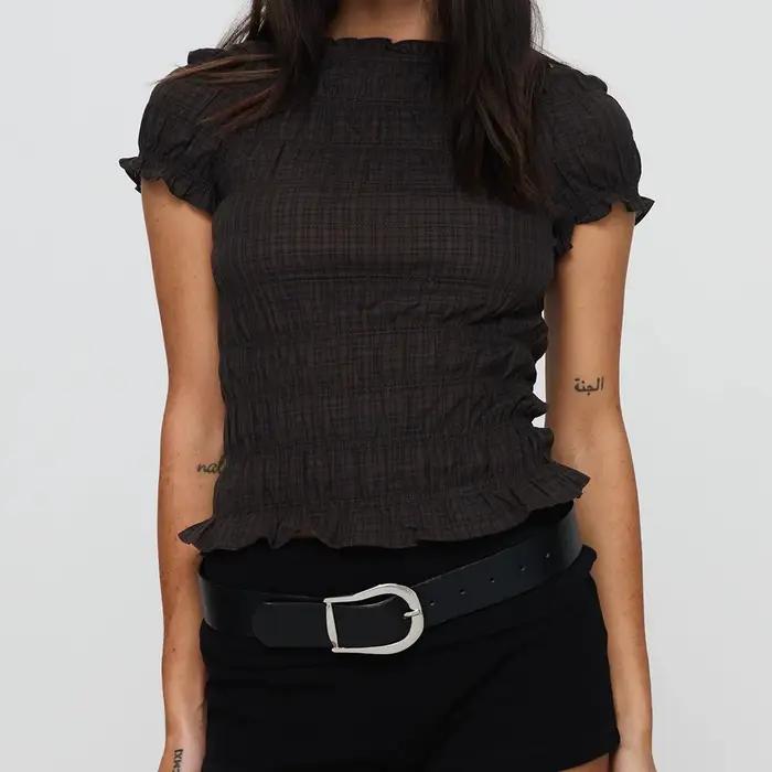 Hauts à manches courtes pour femmes avec motifs à carreaux et volants, style streetwear d'été pour festival de musique et carnaval