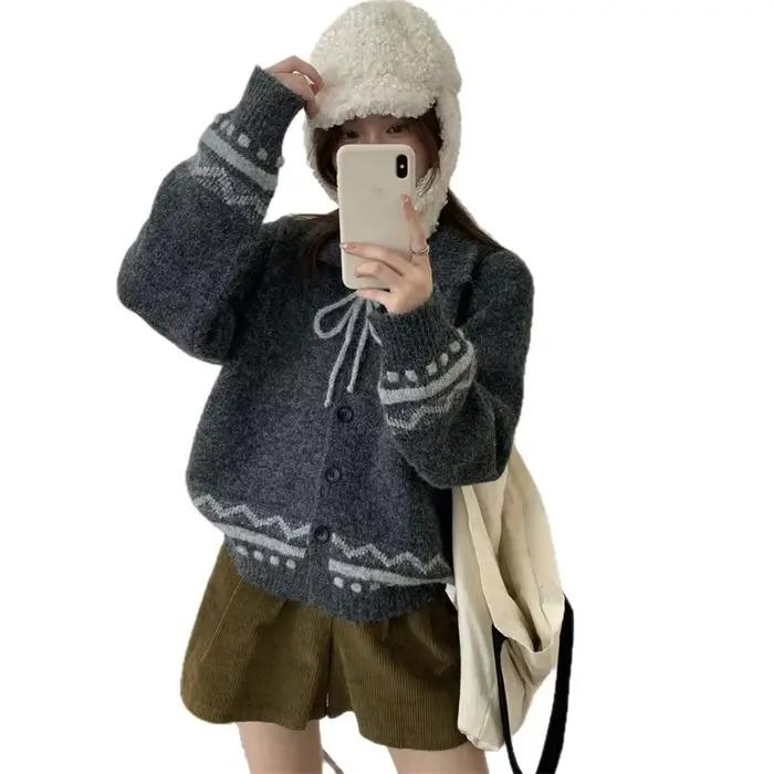 Cardigan en tricot pour femme, style décontracté, nouvelle collection automne-hiver, veste rétro à revers