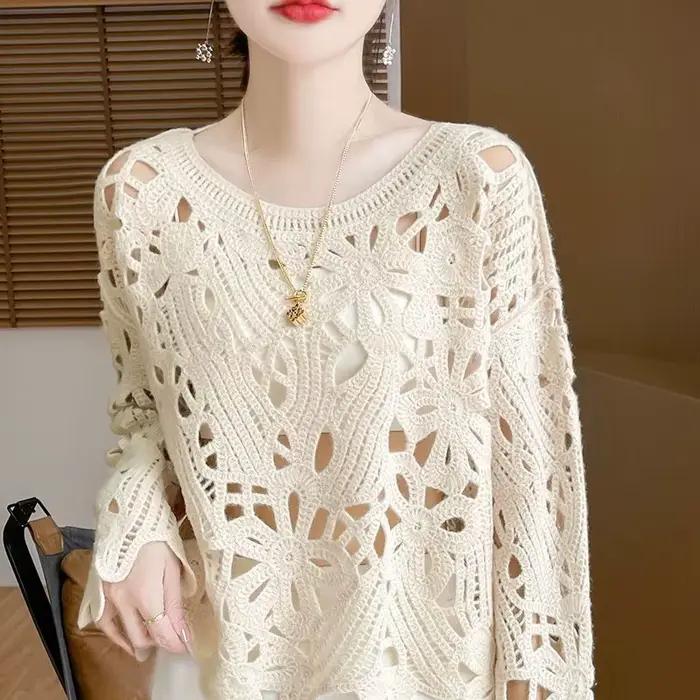 Pull ample blanc en tricot crocheté à découpes à manches longues pour femme