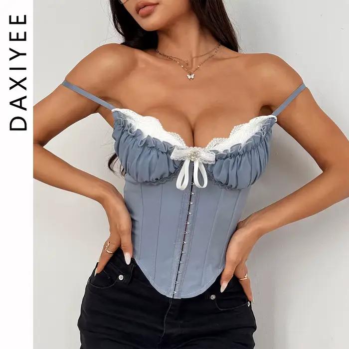 Sexy col en V Y2K haut court dentelle Patchwork plissé nœud papillon