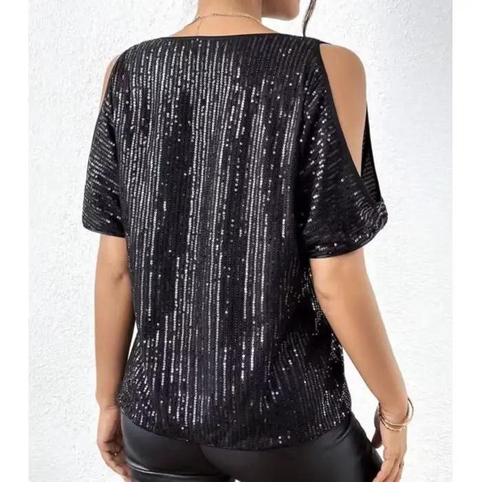 Chemisiers pour femmes été nouveau Sexy épaules dénudées col rond à manches courtes paillettes