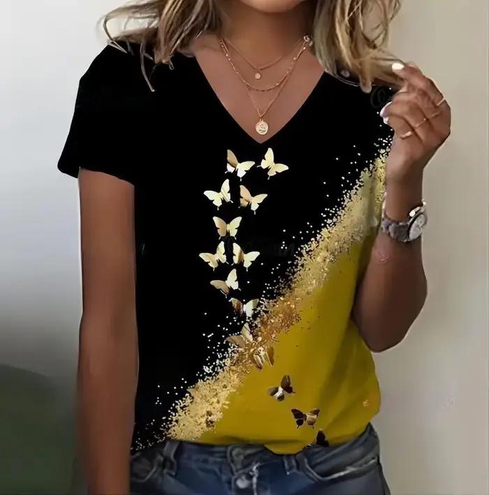 T-shirt d'été à manches courtes et col en V pour femmes, imprimé papillon en 3D, haut à la mode pour filles, vêtements pour femmes, polyester, léger, extensible, vichy, ajustement régulier, tricoté, court, sportifs, occasions spéciales