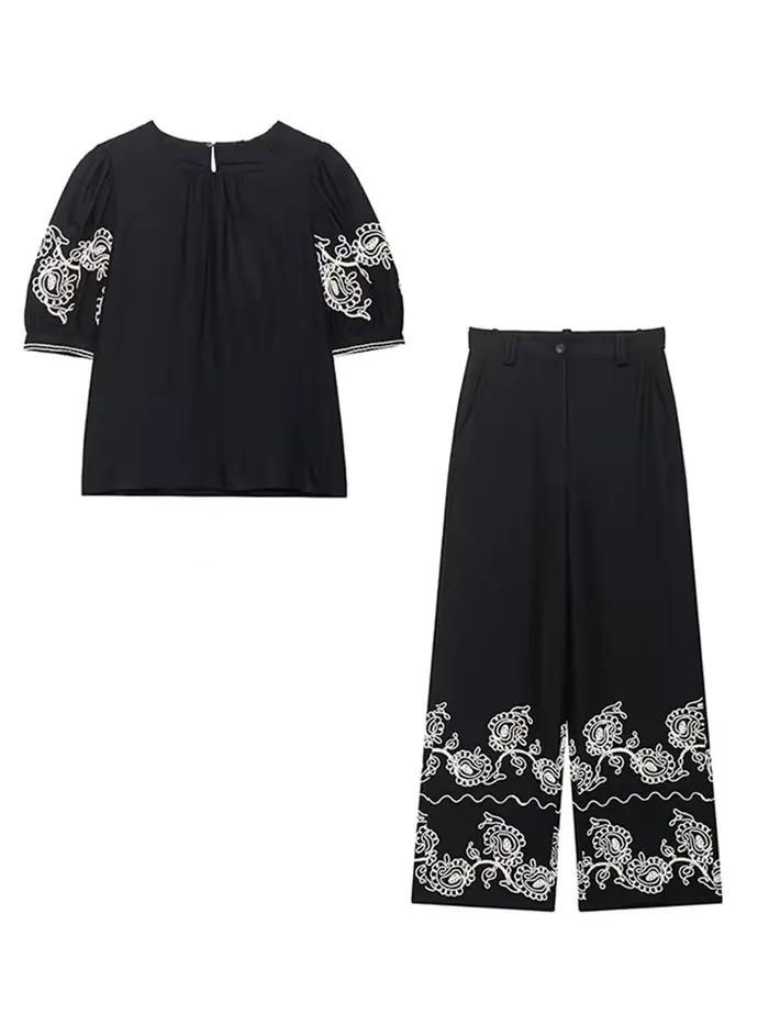 Mode brodé haut pantalon 2 pièces ensemble femmes élégant col rond manches courtes