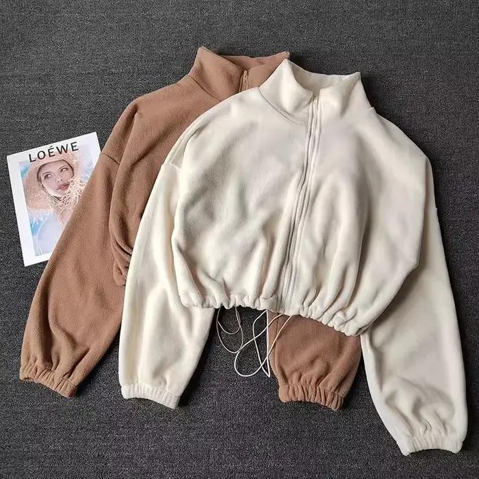 Manteau de sport pour femmes doublé polaire chaud décontracté ample course haut court à manches longues Fitness