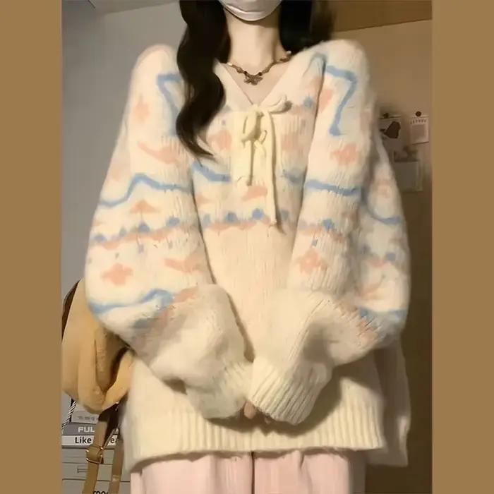 Biyaby-Pull Kawaii à manches longues et col en V pour femme