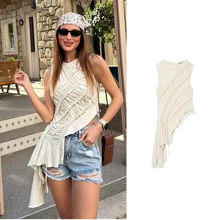 Nouvelle Blouse Gilet d'Été Femme 2026 Tendance Beige Élégante Asymétrique Hauts