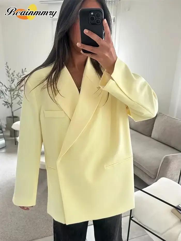 Beurre jaune recadrée Blazers manteaux femmes mode revers ample demi manches veste été bureau dame trajet Streetwear 2025