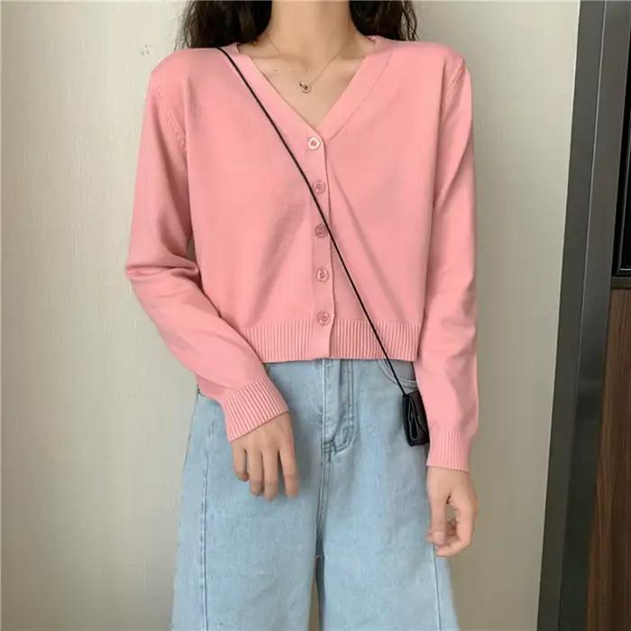 Cardigan Court Femme Col en V Multicolore Coupe Ample Style Décontracté Toute Saison Vêtement Mode Polyvalent Occasions Spéciales
