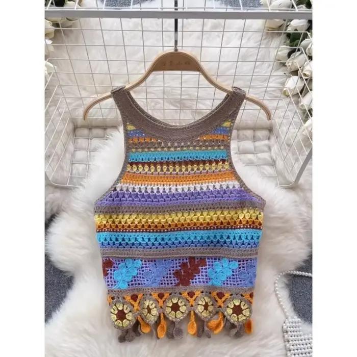 Débardeur bohème tricoté Dancing JL Ants design rétro crochet coloré pour femmes occasions spéciales vacances fantaisie