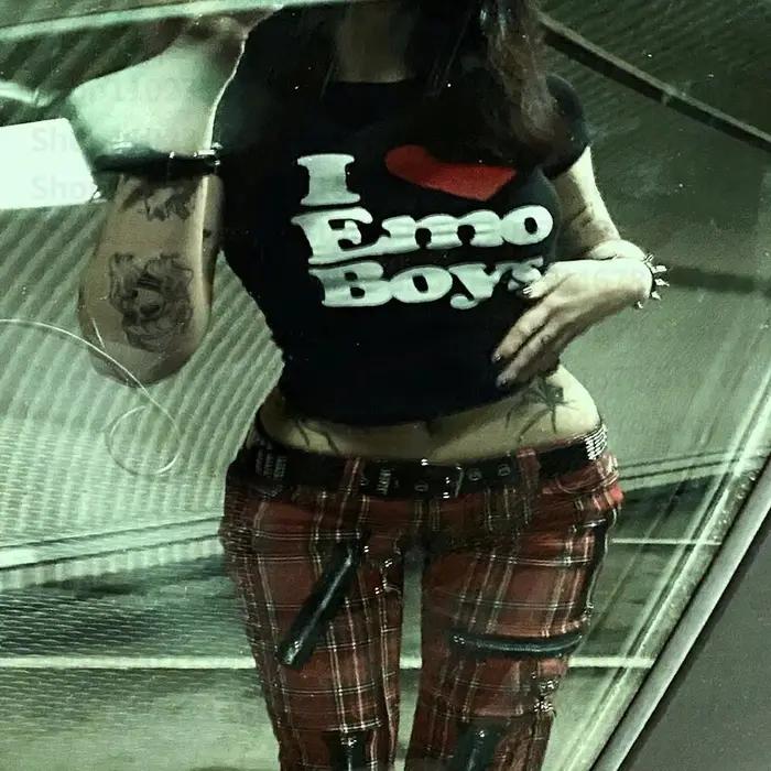 T-shirt graphique à manches courtes I Love Emo Boys Harajuku Slim Grunge pour femmes avec lettres imprimées pour toutes les saisons