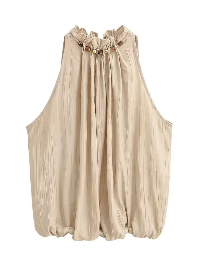 Ensemble élégant pour femme : haut plissé perlé sans manches à col semi-montant et pantalon ample coupe lanterne – Collection été 2026 – Tenue décontractée pour le bureau