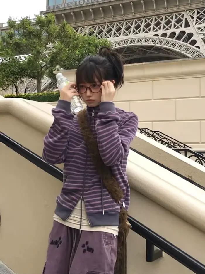 Tonngirls Y2k sweats japonais femmes à manches longues rayé col montant sweat haute rue graphique manteaux d'hiver e-girls
