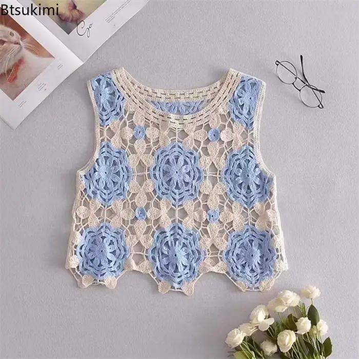 Nouveau pull court en maille ajourée brodé de fleurs au crochet pour femme style sexy et club occassions vacances plage soirées